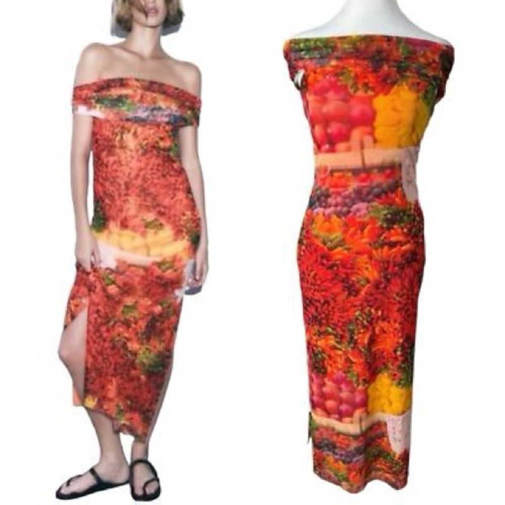 Zara over-the-shoulder picante fruit stand 
Print Tulle Dress
